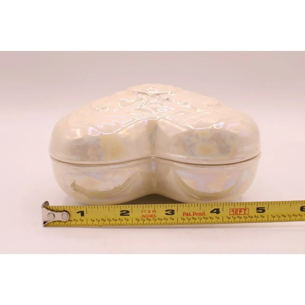 Opalescent Iridescent Ceramic Heart Trinket Box Embossed Rose Lid Vintage 1983